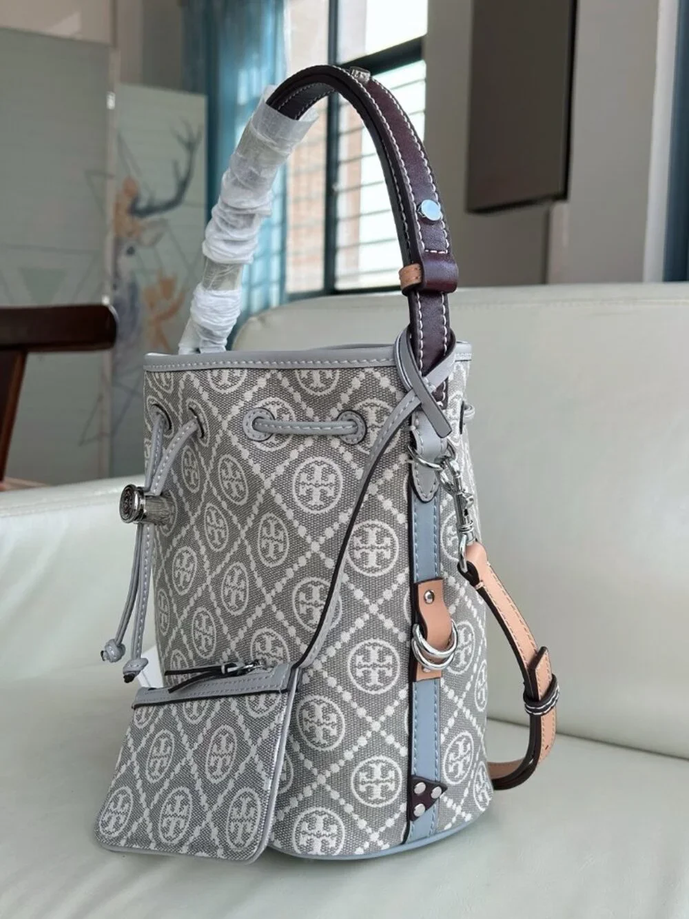 Tory Burch Monogram Jacquard Bucket Bag Grey Full Set With Mini